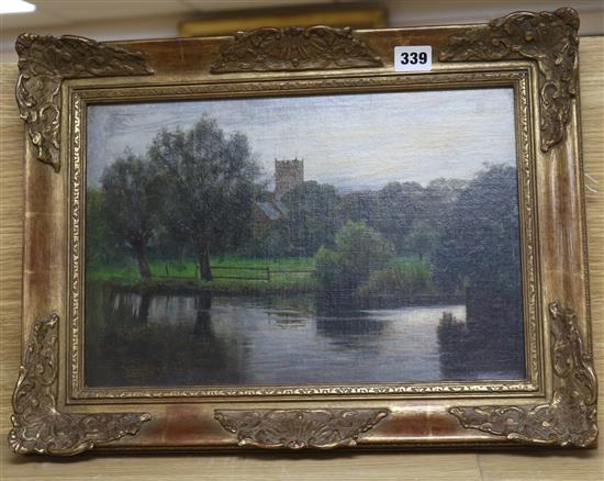 Attributed to William Bright Morris (1844-1896), oil on board, river scene, 25 x 37cm